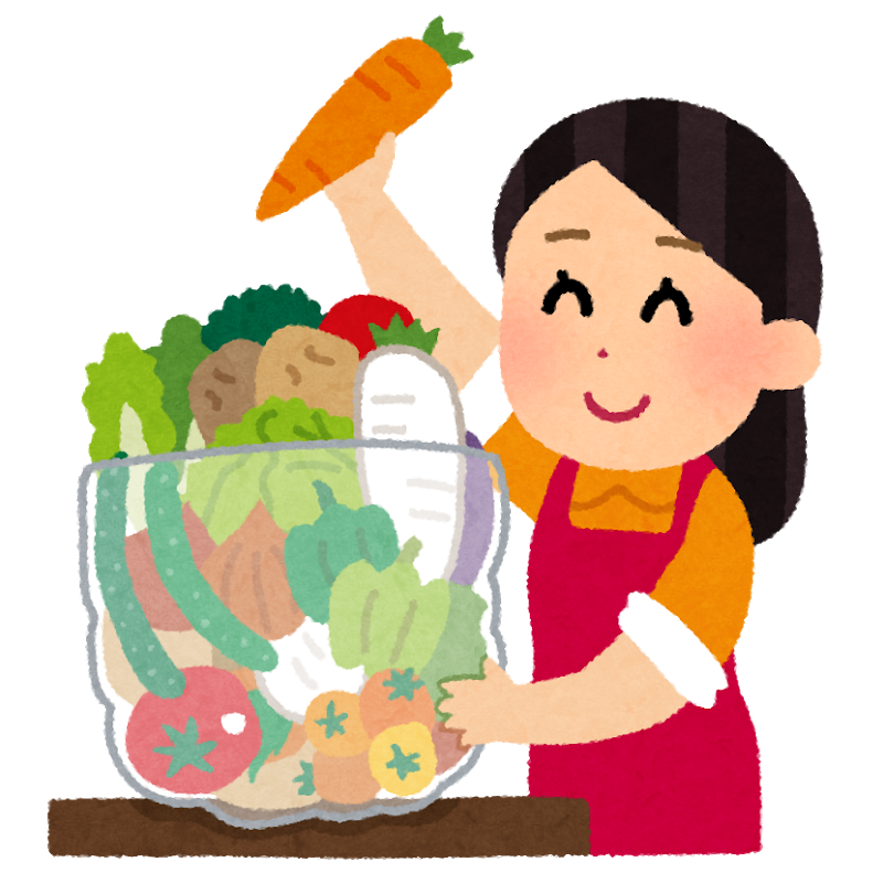 野菜を詰め込んでいる女性のイラスト